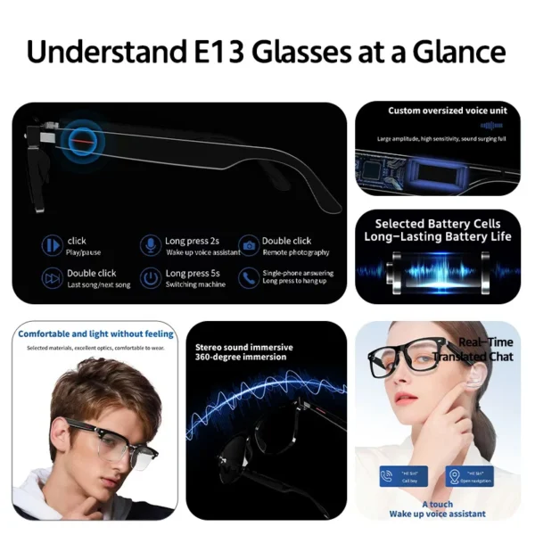 Smart Bluetooth Sunglasses Audio Glasses Music Hands-free Calls Blue Light Filtering Lenses Ai Voice Control Eyewear